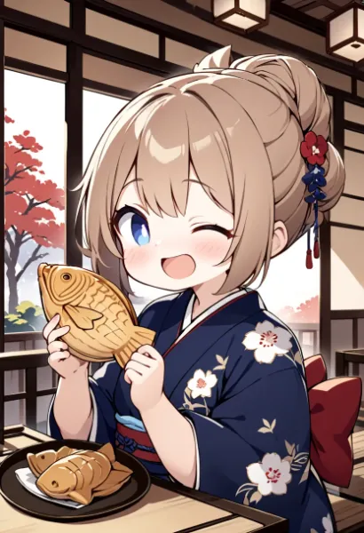 たい焼きと着物姿の少女