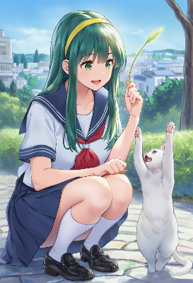 猫と戯れる緑髪の少女