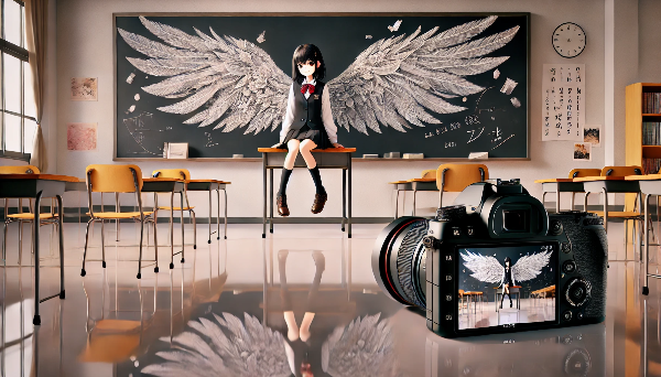 黒板の翼少女とカメラ
