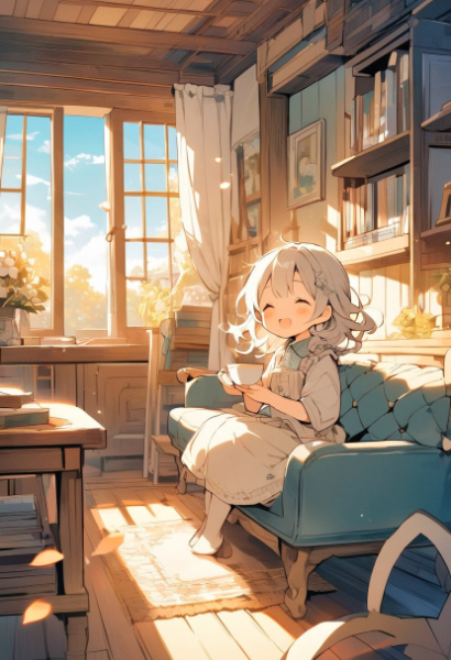 ターコイズ色のソファーベッドと午後のティータイム