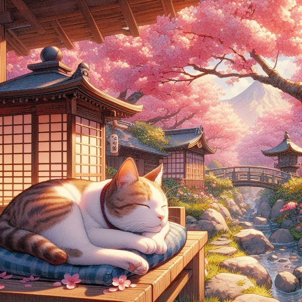 桜咲く庭園で寝ている猫🌸