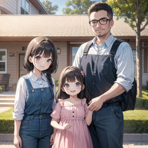 新築の家の前で記念撮影