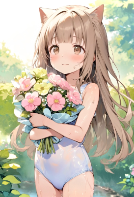 花束を抱える猫耳少女をやわらかい色づかいで