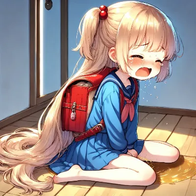 セーラー服姿の金髪少女がおもらし