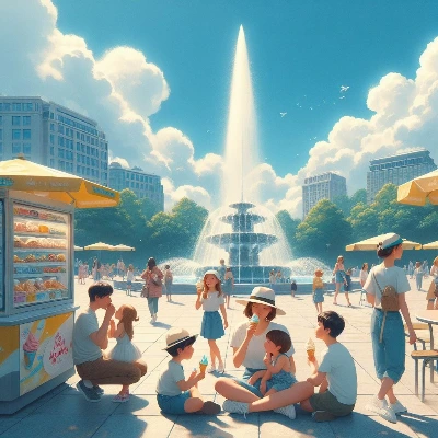公園の噴水とソフトクリーム