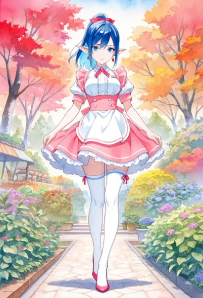 秋風に舞うピンクメイドのエルフ