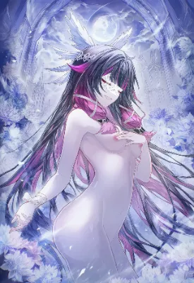 紫の花と満月とヌード姿のコロンビーナ