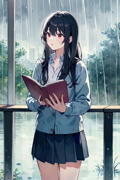 雨の日に本を呼んでいる女子