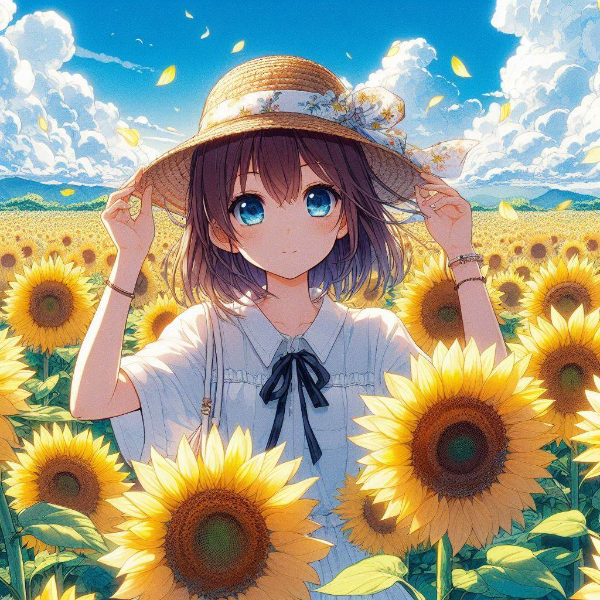 ひまわり畑と麦わら帽子の一味