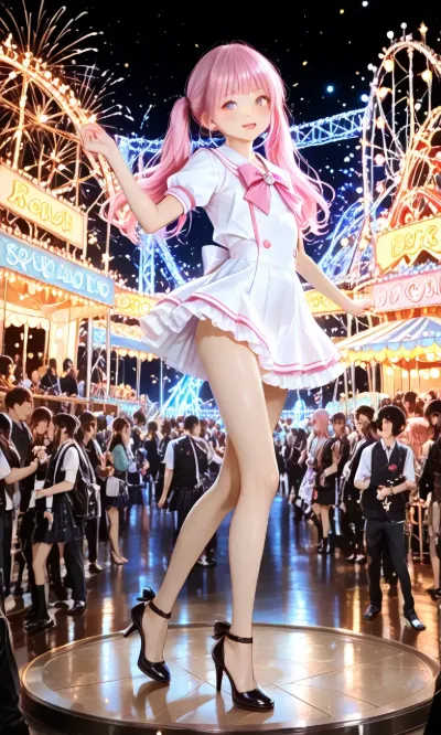 夜の遊園地で輝くピンクの少女