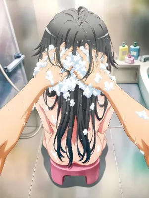お風呂で八幡が雪乃の髪を洗っています