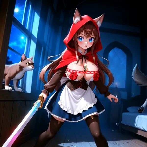 狼と戦う赤ずきん