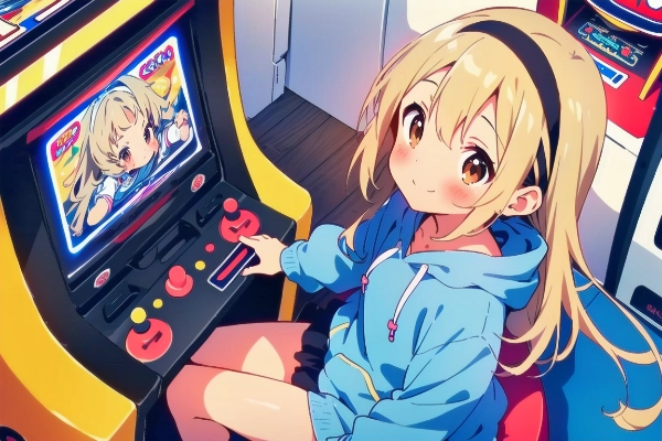 アーケードゲームで遊ぶ少女