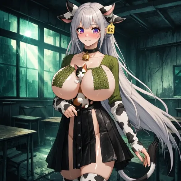 首元が大きく開いた服装に恥ずかしがる牛柄さん