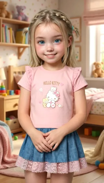 キティちゃんTシャツとフリルスカートのコーデ