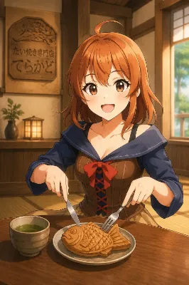 たい焼きに輝く元気な笑顔