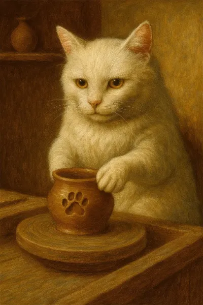 肉球スタンプを押す白猫職人