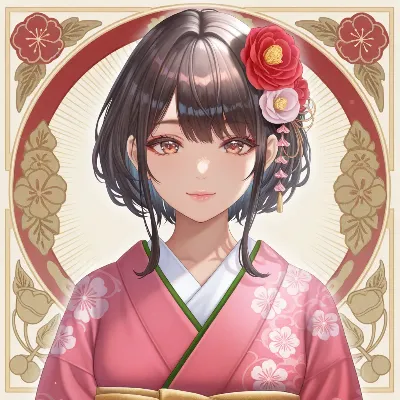 椿の花飾りと着物少女