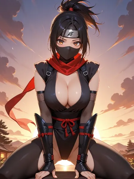 夕陽に佇む女忍者