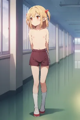 廊下で上半身裸に体操着の短パンのエルフさん