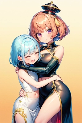 抱き合うチャイナドレスの女の子です