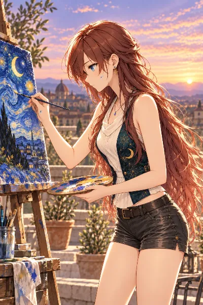 星月夜を描く女性画家
