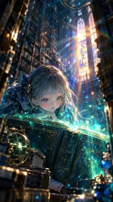 魔法の古書を開く少女｜大図書館に差し込む光と光粒舞う幻想ファンタジー