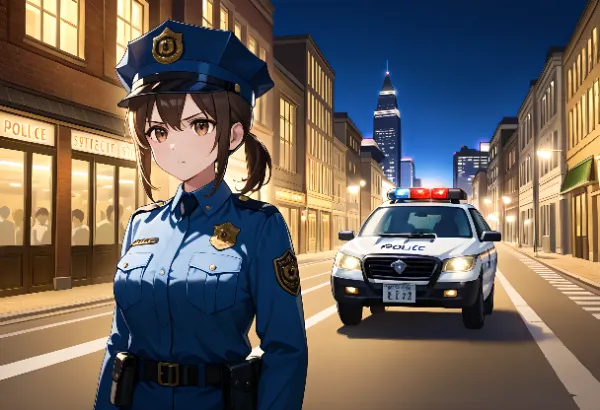 夜の街を駆ける女性警官の影