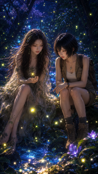 蛍を見る2人（リーフ、アース）