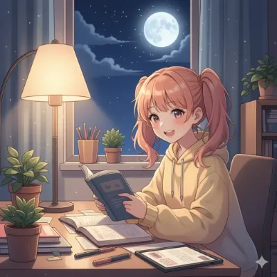 フロアランプ付きの勉強机で勉強する可愛い女子