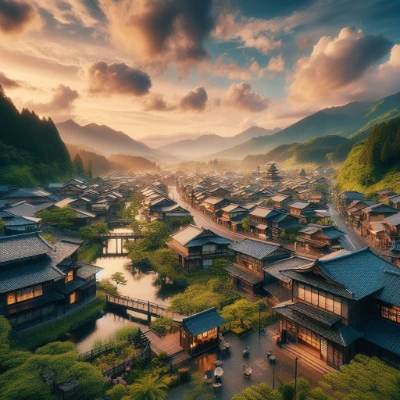 ３階建てくらいの旅籠から眺める江戸時代の宿場町の風景