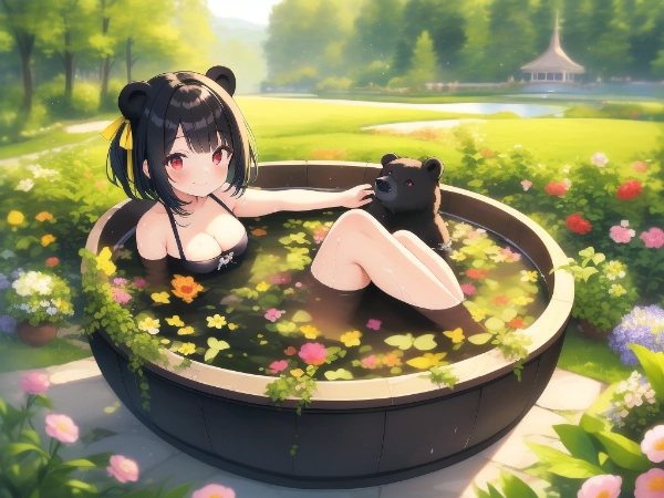 コスモスを見ながら入浴