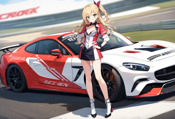 レーシングカーと金髪お姉さん
