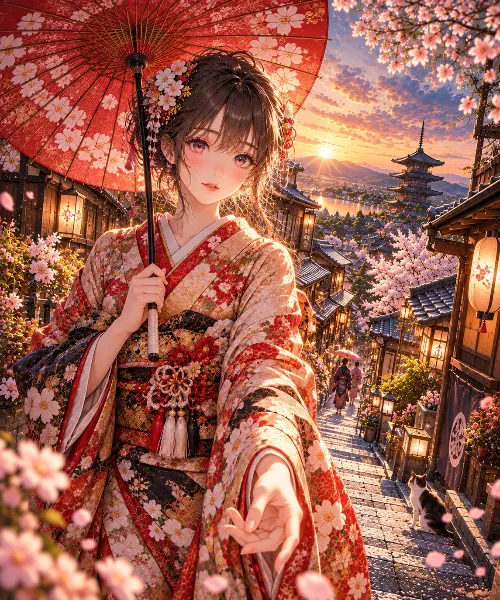 桜舞う路地で手を伸ばす和装少女