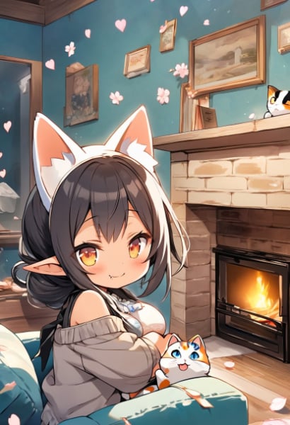 暖炉とにゃんことエルフさん（付け耳ver）