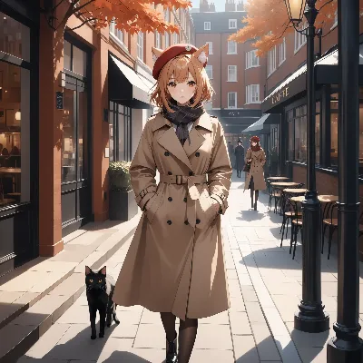 秋の街で猫と歩く猫耳少女の午後