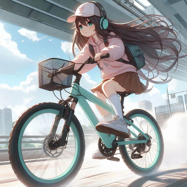 チョコミントカラーのスポーツバイクに乗る女の子