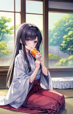 オレンジジュースと和装女性