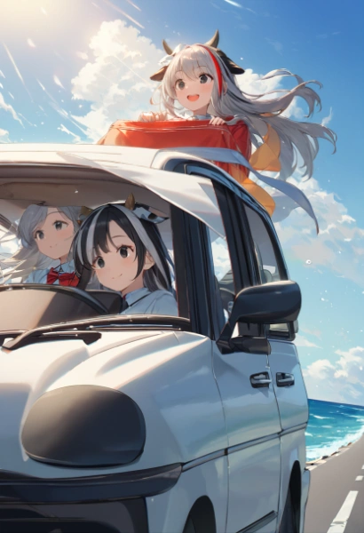 ドライブを楽しむ牛娘