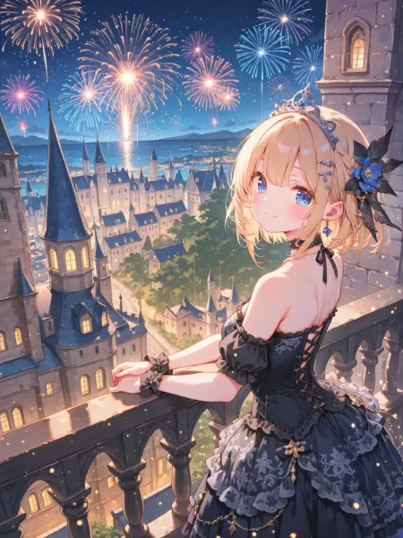 城壁から眺める花火