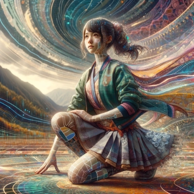 未来的な雰囲気で片膝立ちする少女