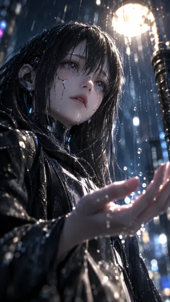 雨に濡れる電脳都市｜街灯に照らされる黒髪のサイバー少女と、冷たくも美しいディストピアSF
