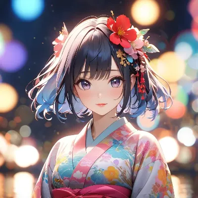 夜の光に咲く花の浴衣少女