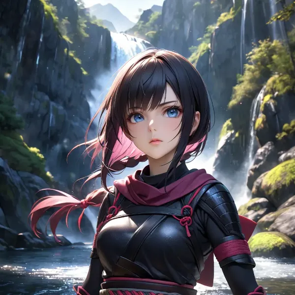秘境の滝に立つ青い目の少女