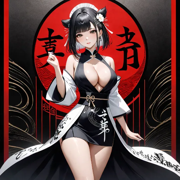 幸運の黒猫美女(習字の日)