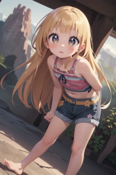 遺跡を散策する金色の髪の少女