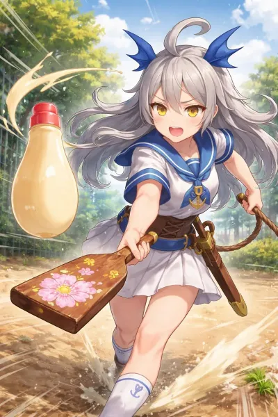 マヨネーズを使って羽子板をする儀式に新しく習得したスキルを使う少女