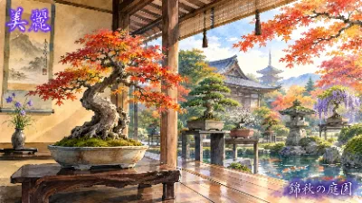 紅葉の古寺に息づく盆栽の静寂