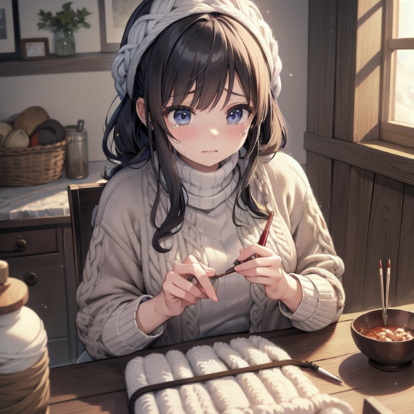 着てはもらえぬセーターを寒さ堪えて編んでます