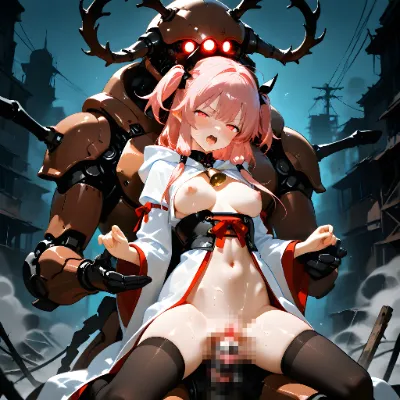女の子達と闇夜のクワガタベースのメカモンスター
